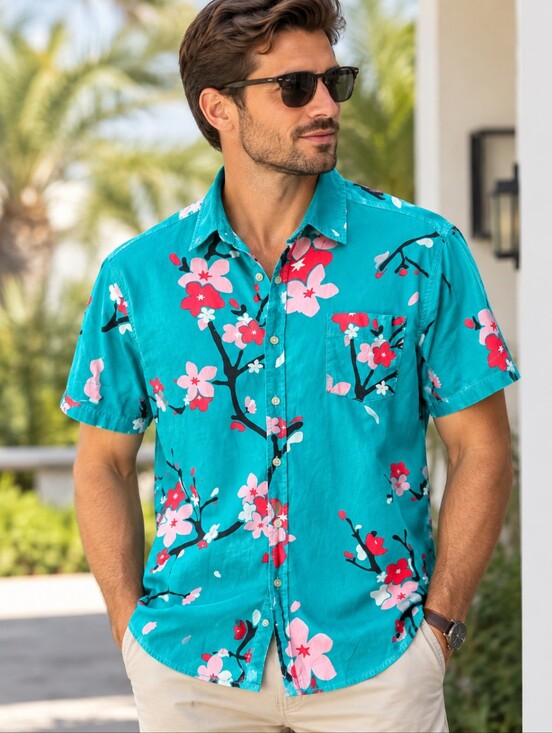 Other - Cherry Blossom Five points Men's Medium Blue Short Sleeve Button-Up Shirt pocket